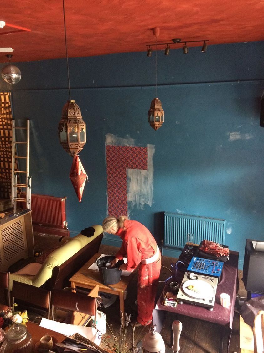 Installing the first wallpaper at the 3 Wise Monkeys, Todmorden