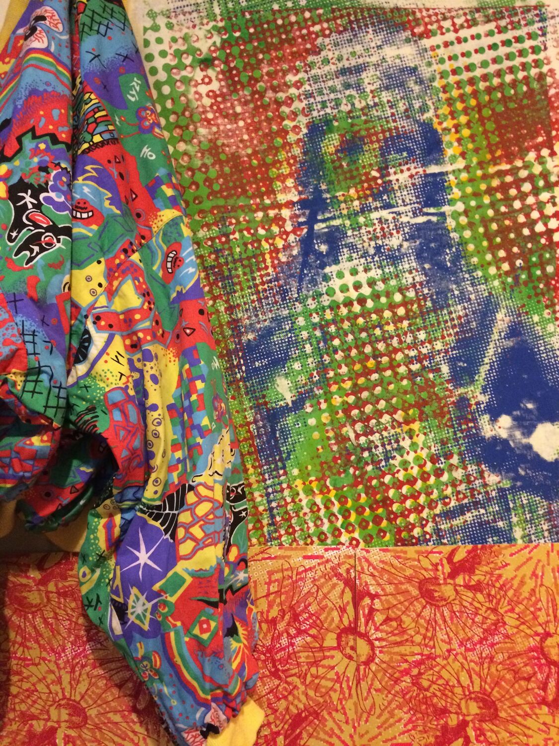 Vera’s denim jacket beside a screen-printed Jesus and a memorial wallpaper