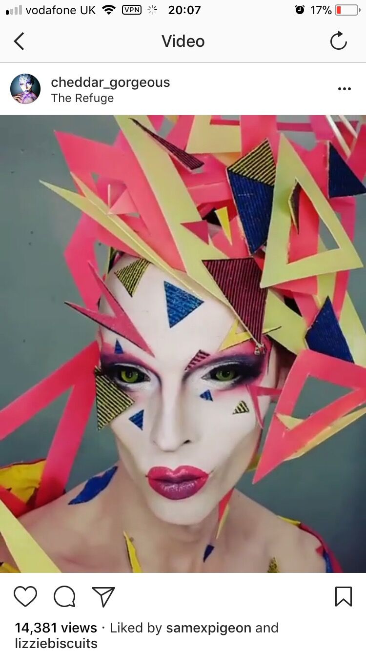 Cheddar Gorgeous in a geometric headdress made from my work