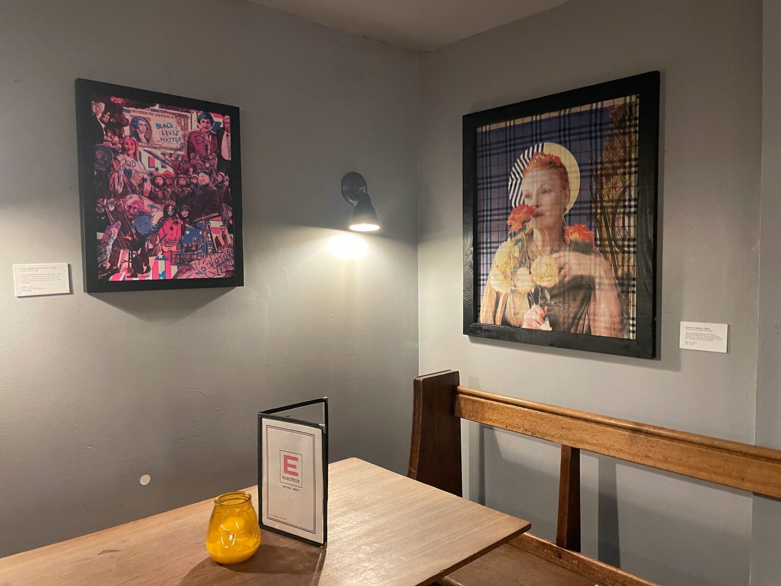 Framed prints from the one69a archive hung at Electrik.