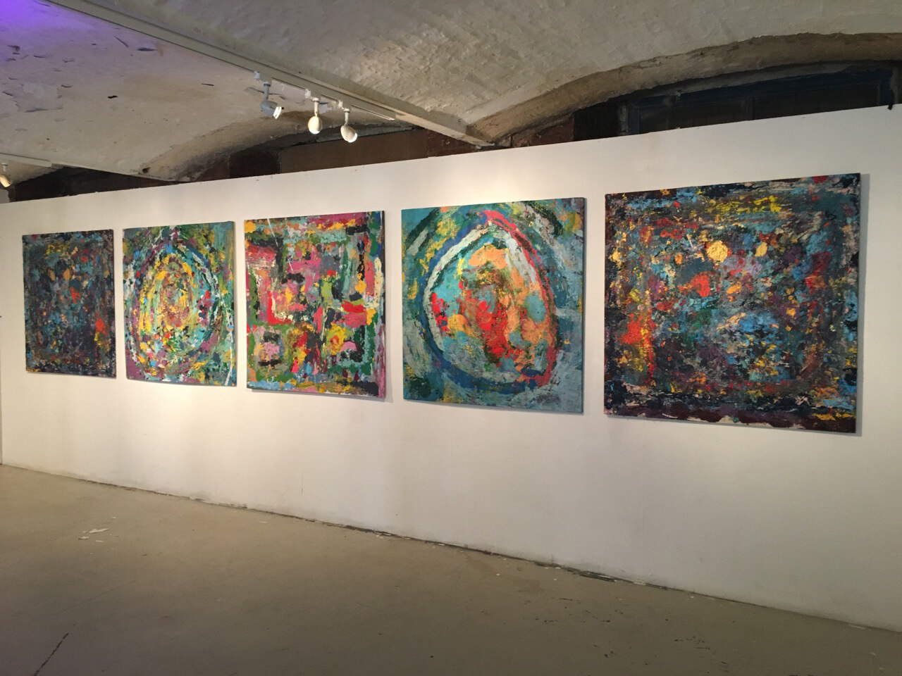 Wide gallery view of five paintings made in response to David Bowie’s death, hung at Islington Gallery Space, Salford