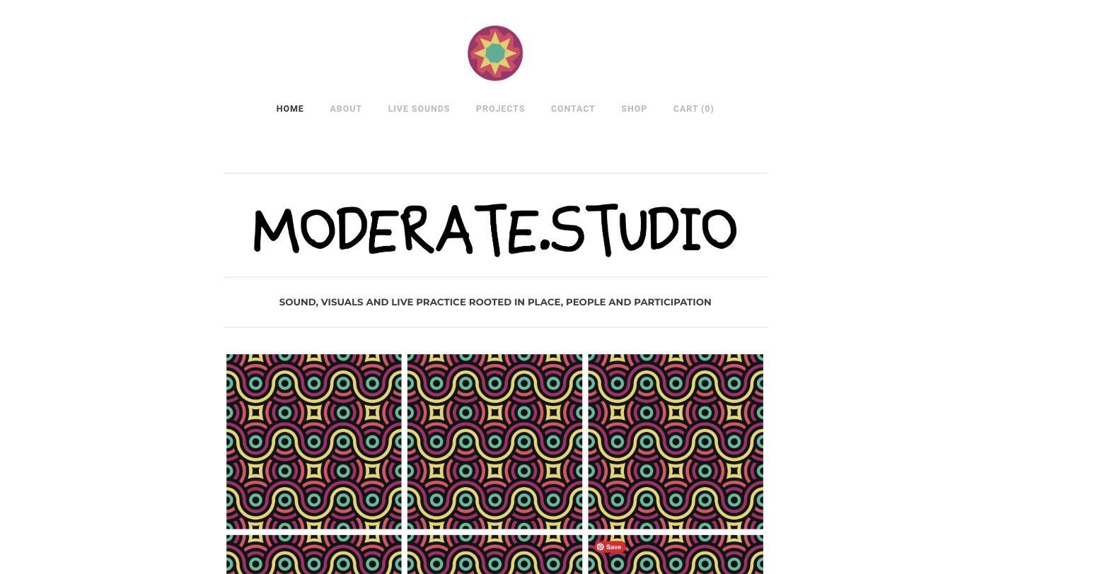 The Moderate Studio homepage: a hand-drawn MODERATE.STUDIO wordmark above a grid of bold repeating-pattern tiles