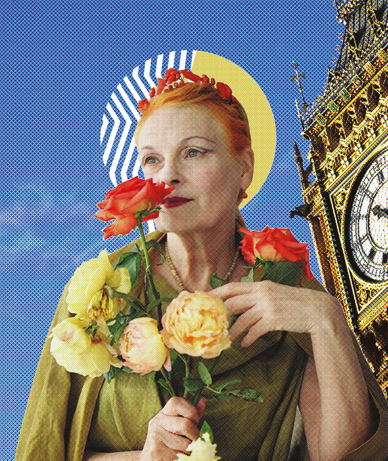 A print made for the Vivienne Westwood exhibition, a portrait with a halo and roses set against Big Ben, exhibited at Font Bar Manchester