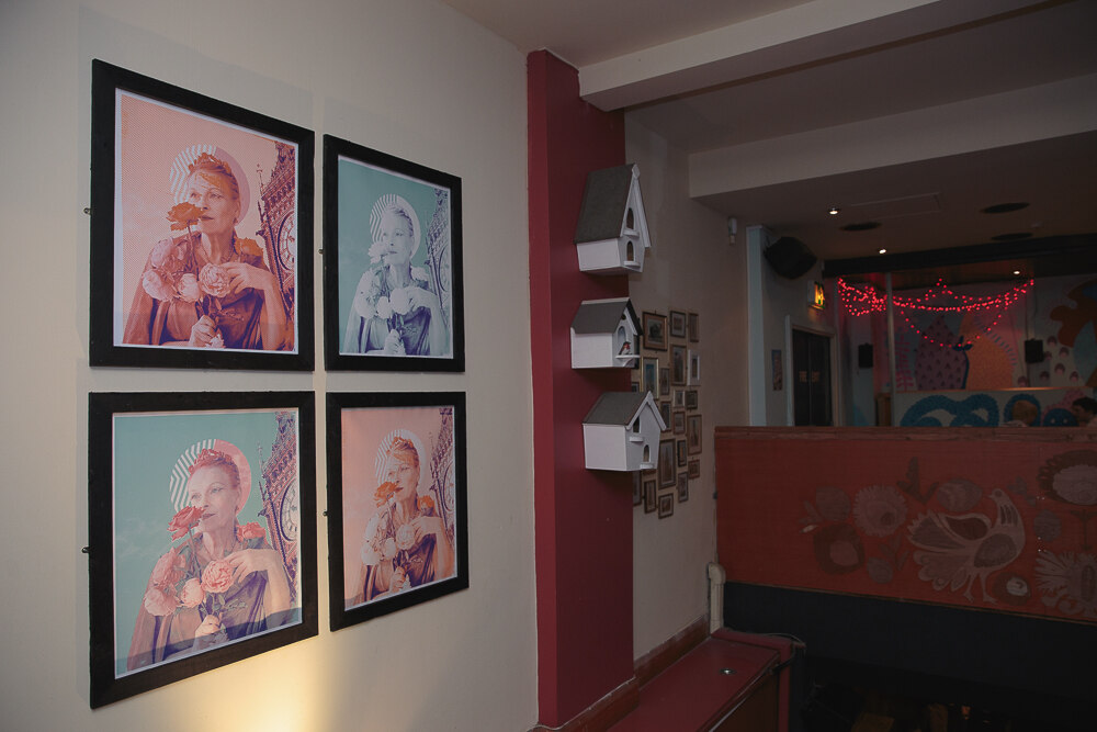 Exhibition install at Font Bar, framed prints and birdcages