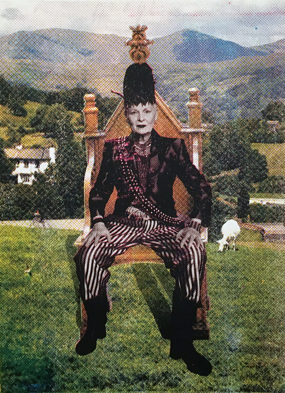A print from the Vivienne Westwood exhibition showing a figure on a throne against a Peak District landscape